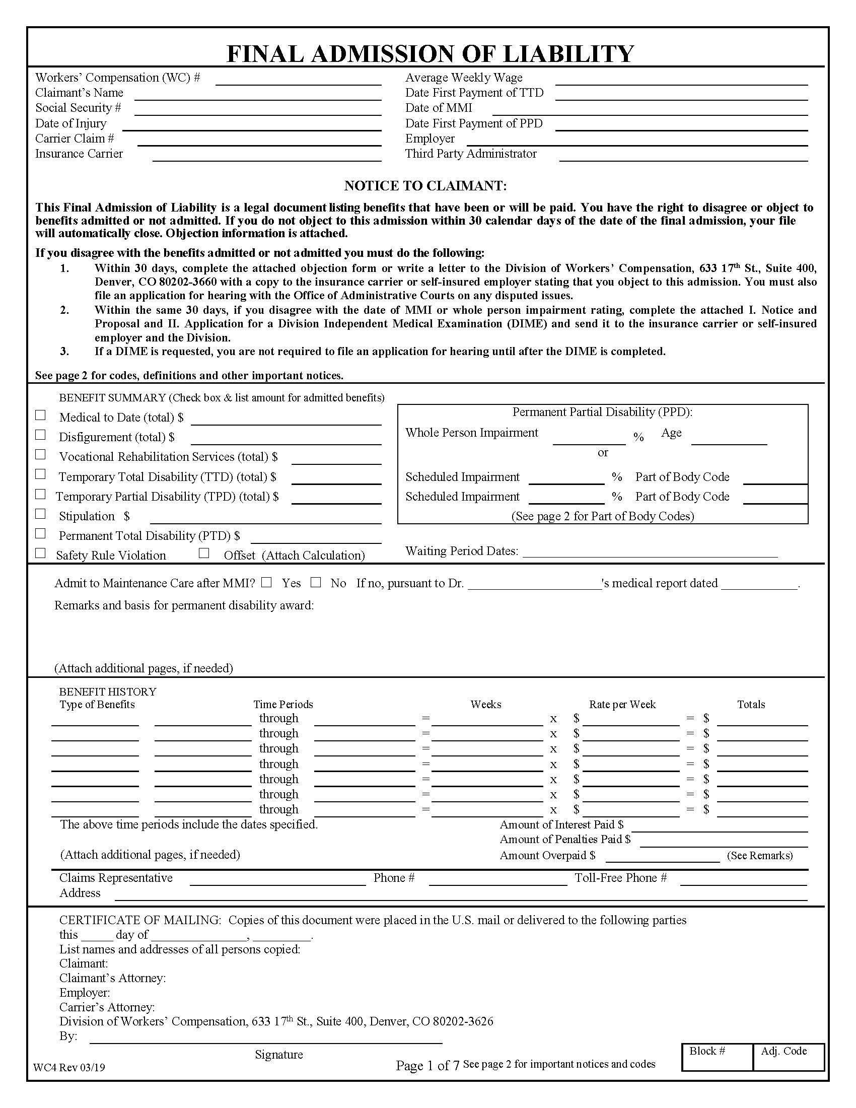 Final Admission Of Liability {WC4} | Pdf Fpdf Docx | Colorado