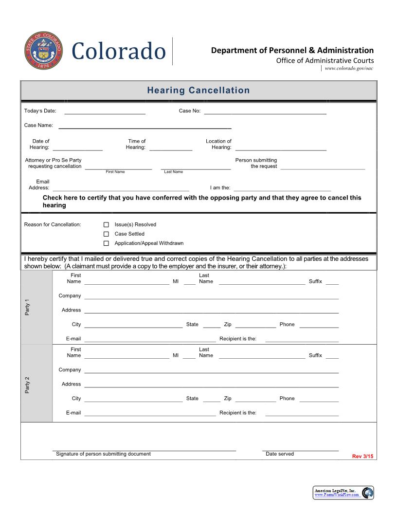 Hearing Cancellation | Pdf Fpdf Docx | Colorado