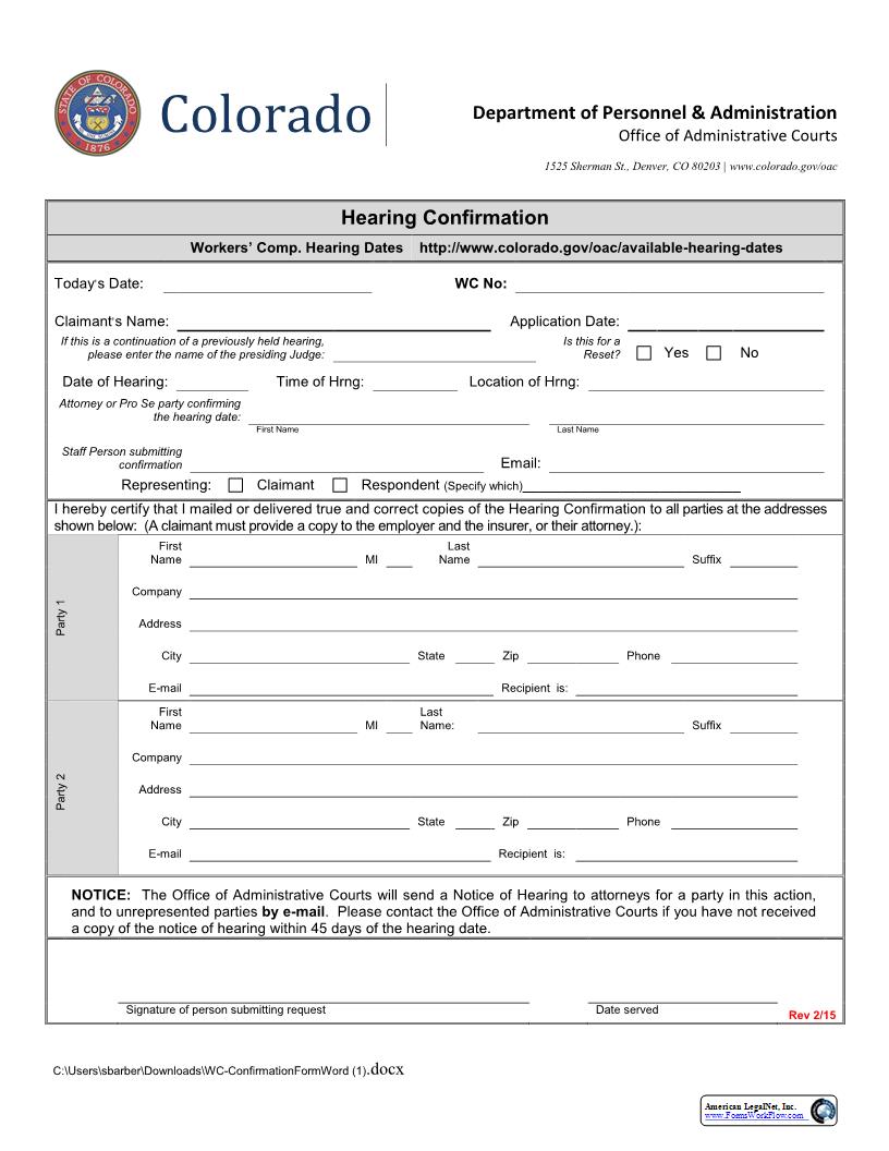 Hearing Confirmation | Pdf Fpdf Docx | Colorado