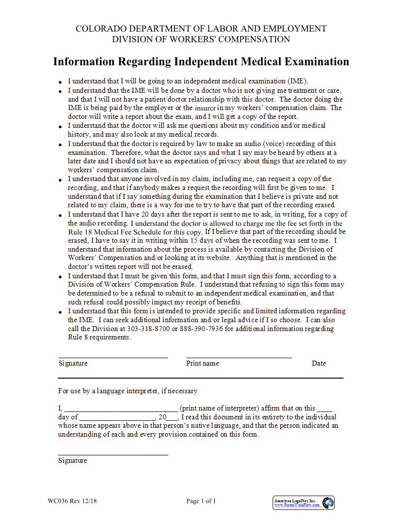Info Regarding Independent Medical Exam {WC036} | Pdf Fpdf Docx | Colorado