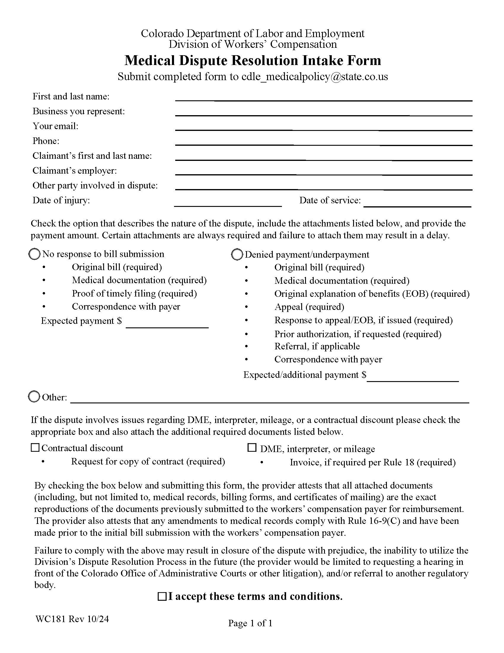 Medical Billing Dispute Resolution Form {WC181} | Pdf Fpdf Docx | Colorado