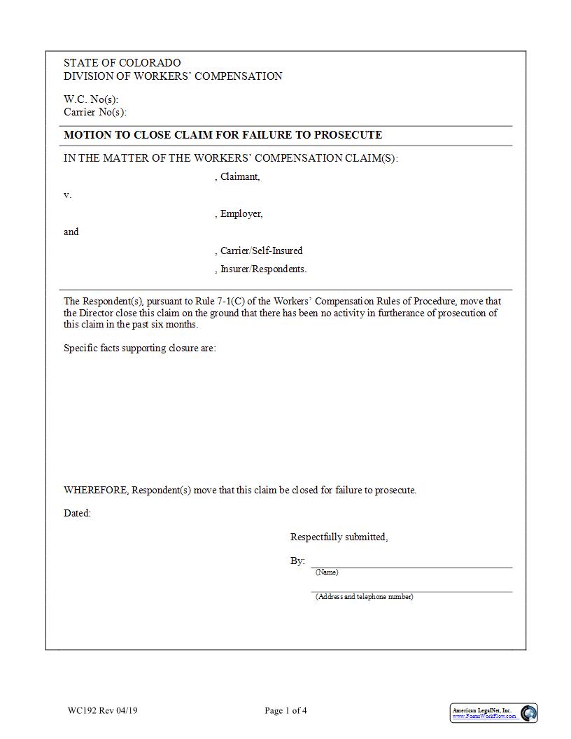 Motion To Close Claim For Failure To Prosecute {WC192} | Pdf Fpdf Docx | Colorado