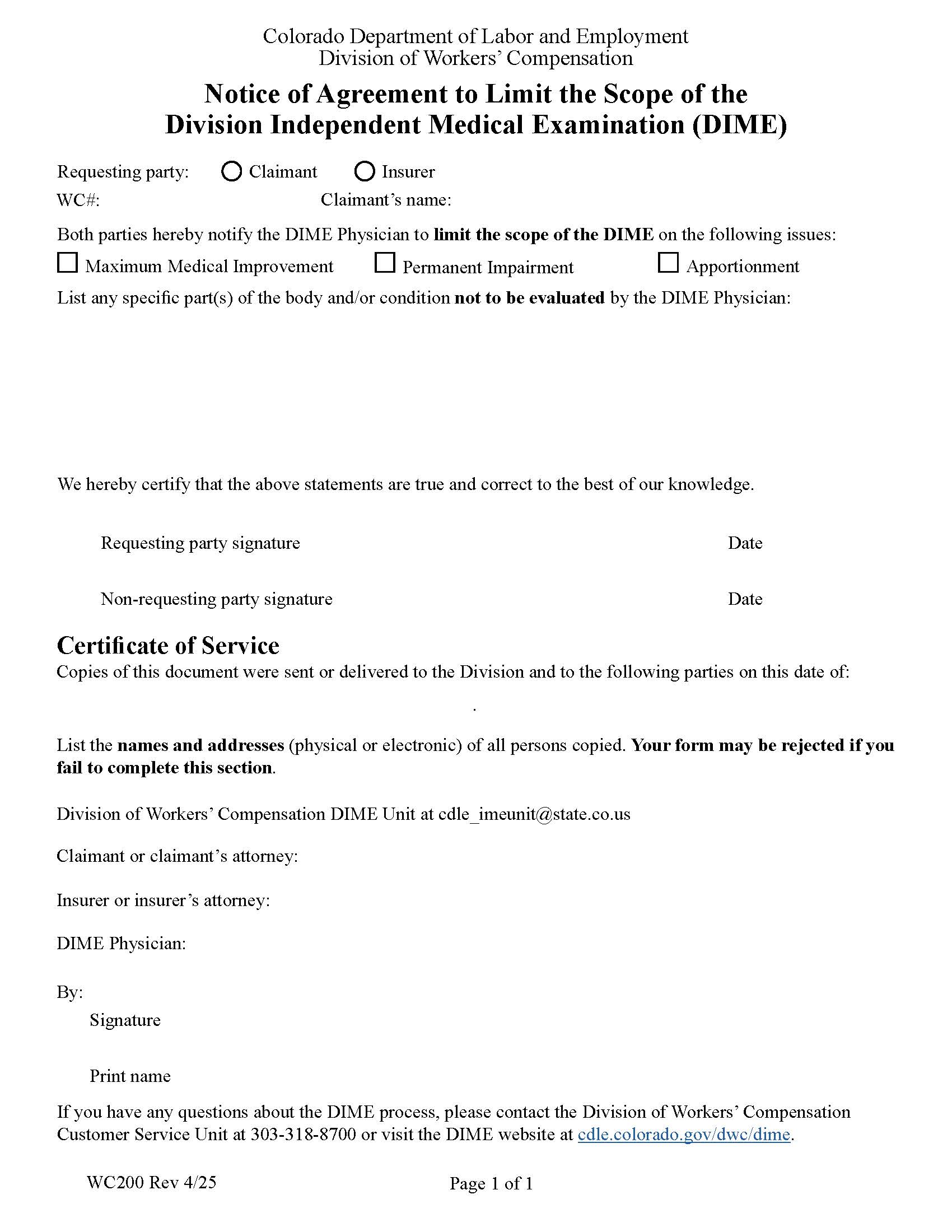 Notice Of Agreement To Limit The Scope of DIME {WC200} | Pdf Fpdf Docx | Colorado