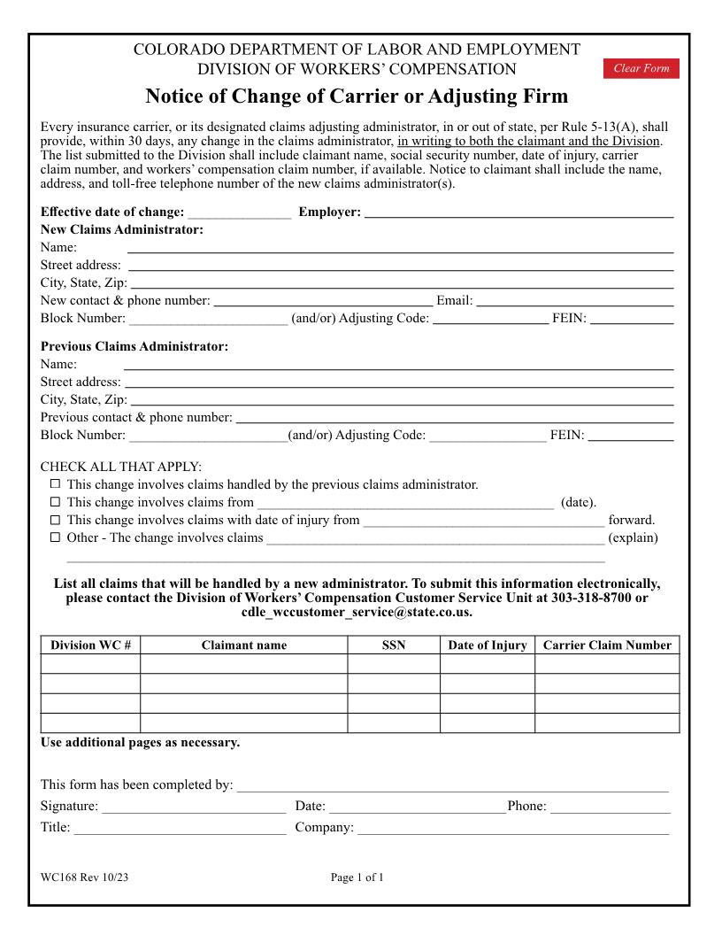 Notice Of Change Of Carrier or Adjusting Firm {WC168} | Pdf Fpdf Docx | Colorado