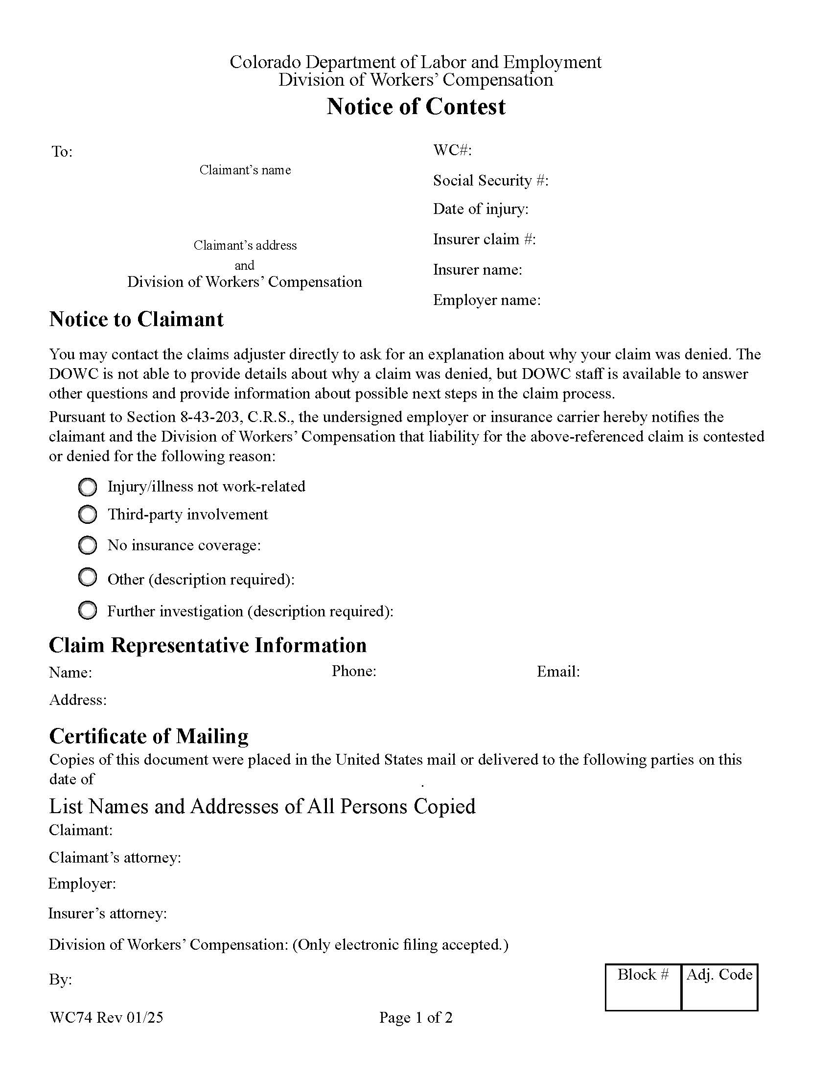 Notice Of Contest With Instructions {WC74} | Pdf Fpdf Docx | Colorado