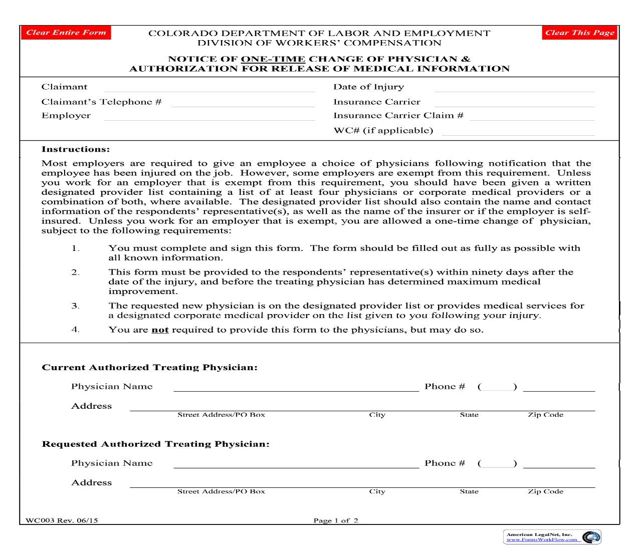 Notice Of One-Time Change Of Physician And Authorization For Release Of Medical Information {WC3} | Pdf Fpdf Doc Docx | Colorado