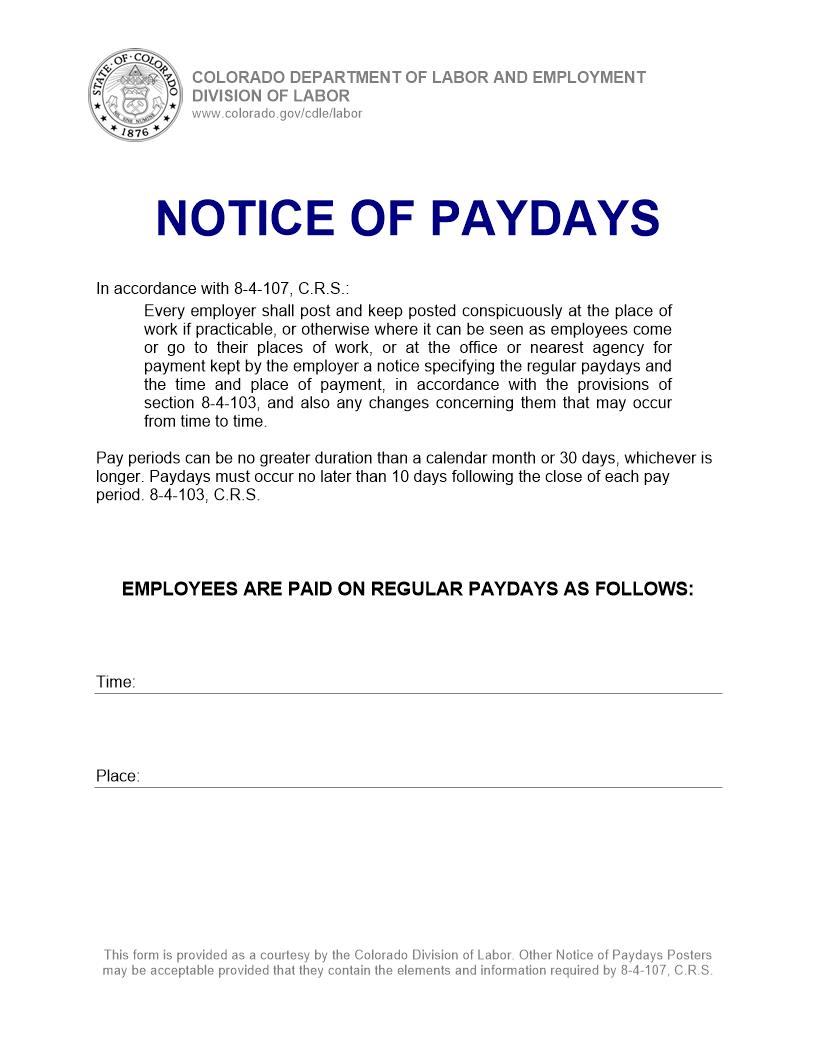 Notice Of Paydays | Pdf Fpdf Docx | Colorado