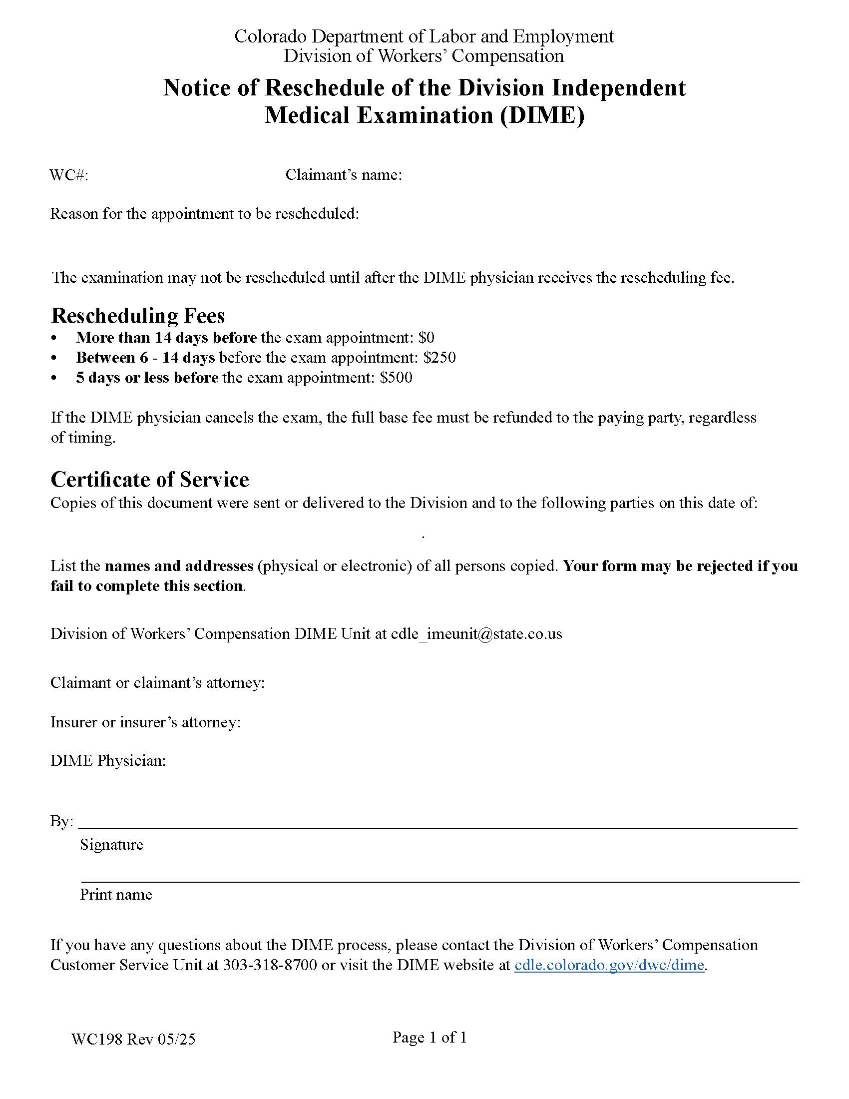 Notice Of Reschedule Or Termination Of DIME {WC198} | Pdf Fpdf Docx | Colorado