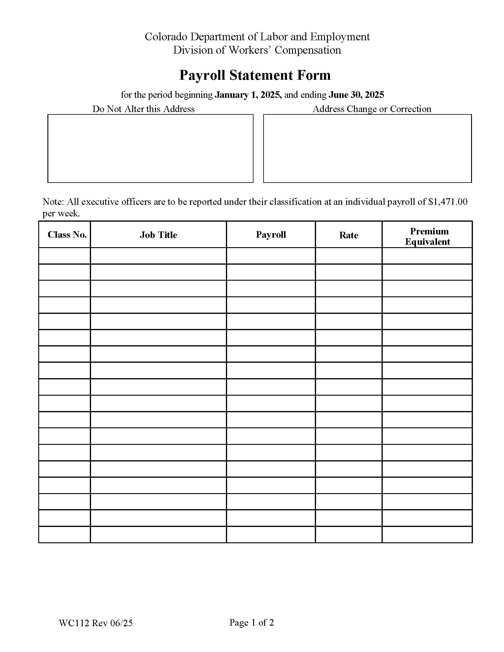 Payroll Statement Form {WC112} | Pdf Fpdf Docx | Colorado