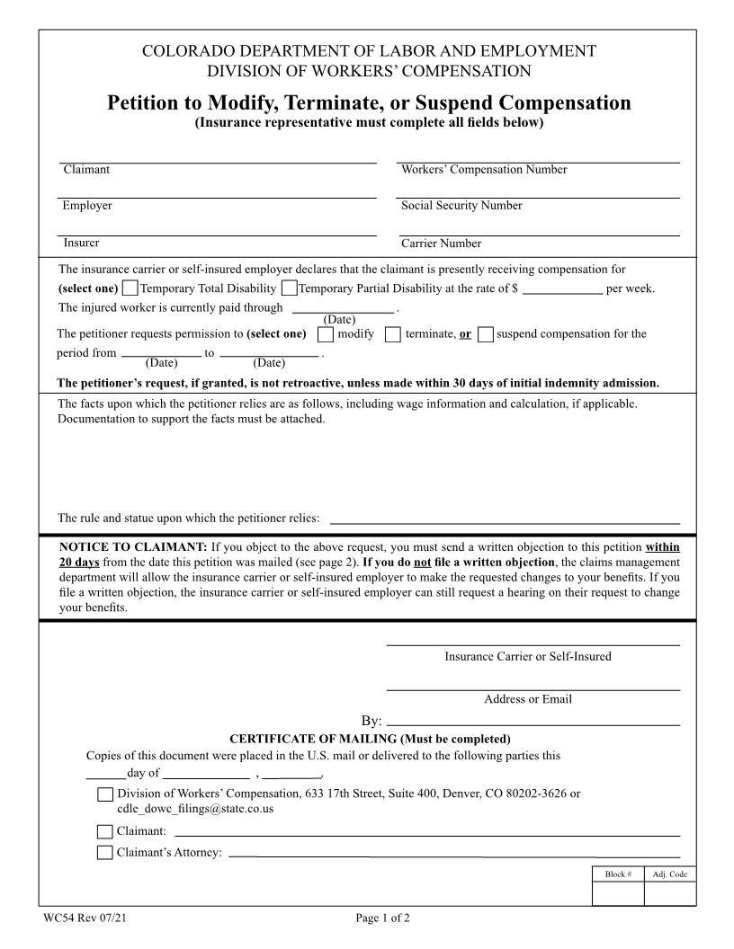 Petiton To Modify Compensation {WC54} | Pdf Fpdf Docx | Colorado