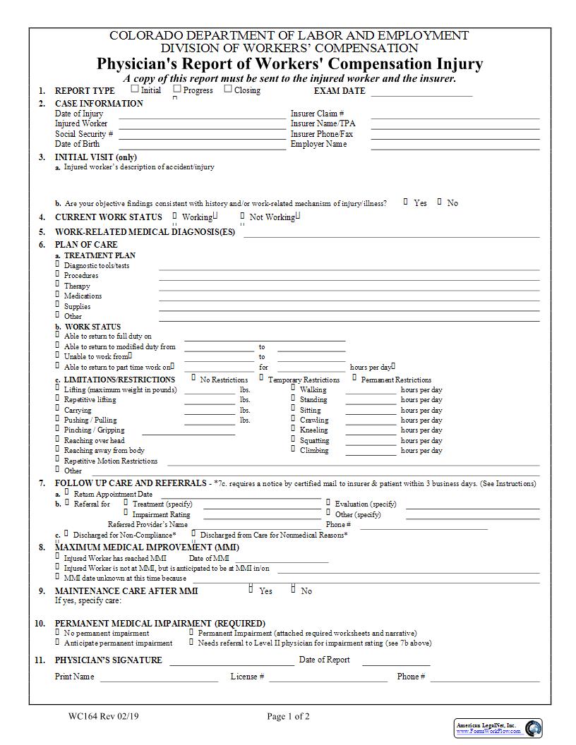 Physicians Report Of Workers Compensation Injury {WC164} | Pdf Fpdf Doc Docx | Colorado