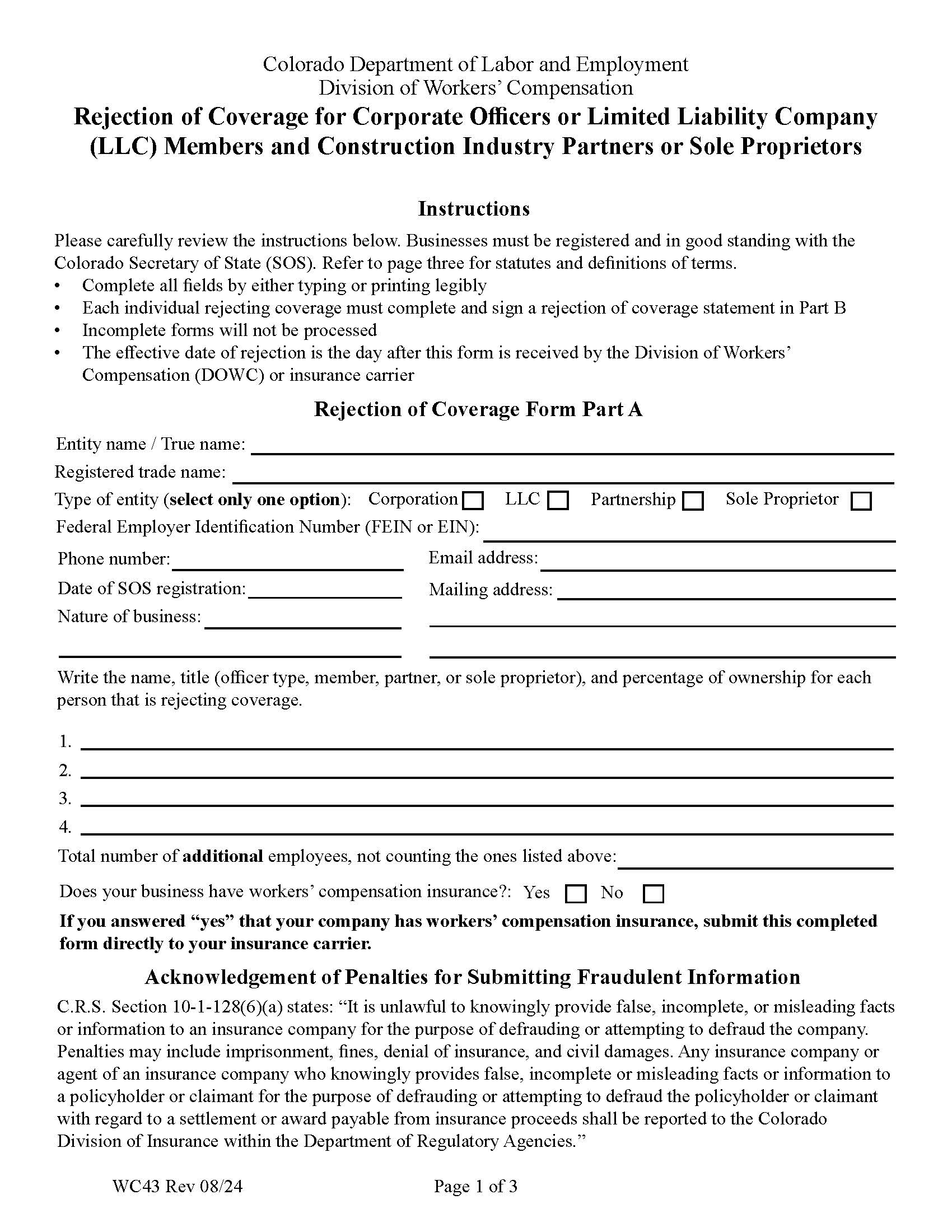 Rejection Of Coverage By Corporate Officers Or Members Of Limited Liability Company With Instructions {WC43} | Pdf Fpdf Docx | Colorado