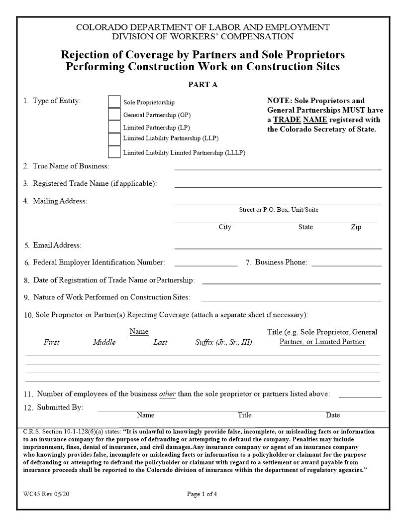 Rejection Of Coverage By Partners And Sole Proprietors Performing Construction Work On Construction Sites {WC45} | Pdf Fpdf Docx | Colorado