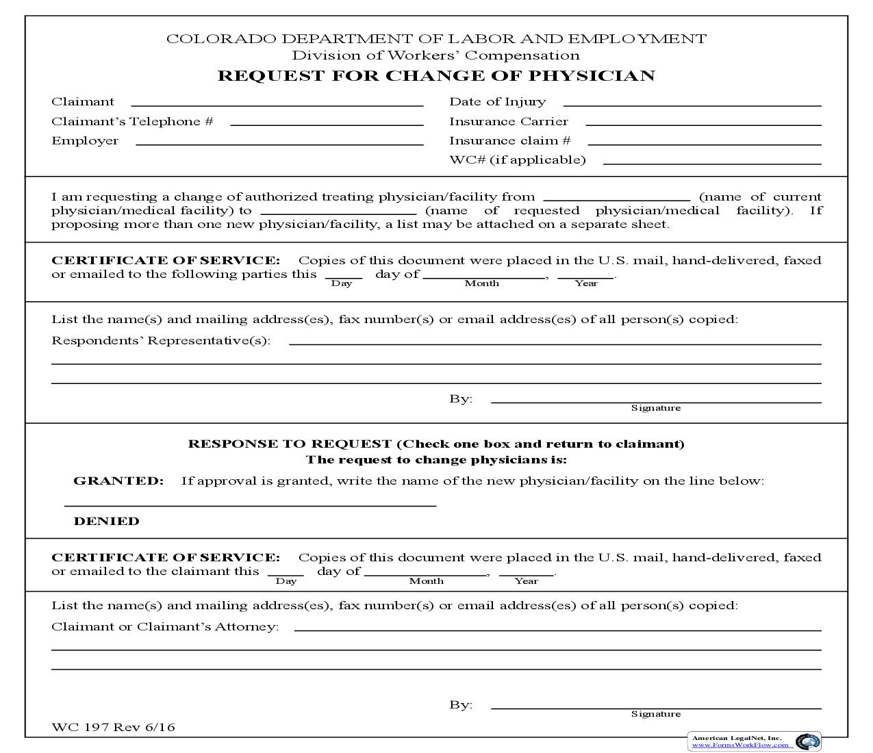 Request For Change Of Physician {WC197} | Pdf Fpdf Doc Docx | Colorado
