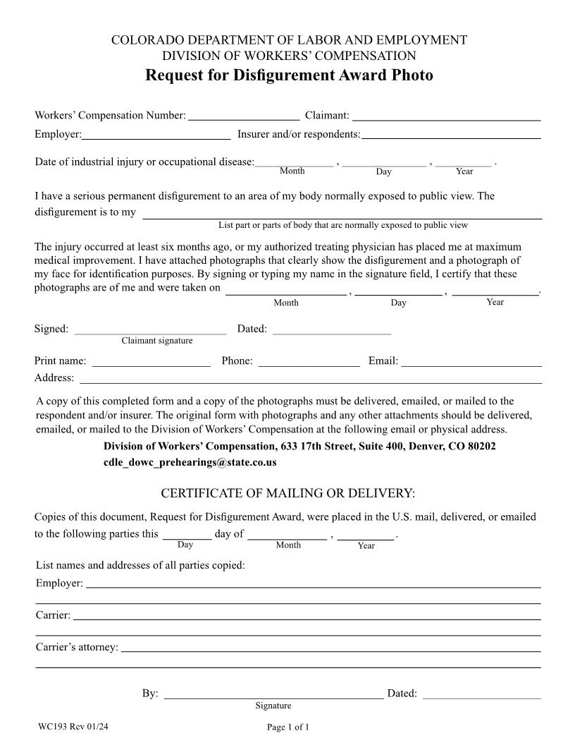 Request For Disfigurement Award Photo {WC 193} | Pdf Fpdf Docx | Colorado