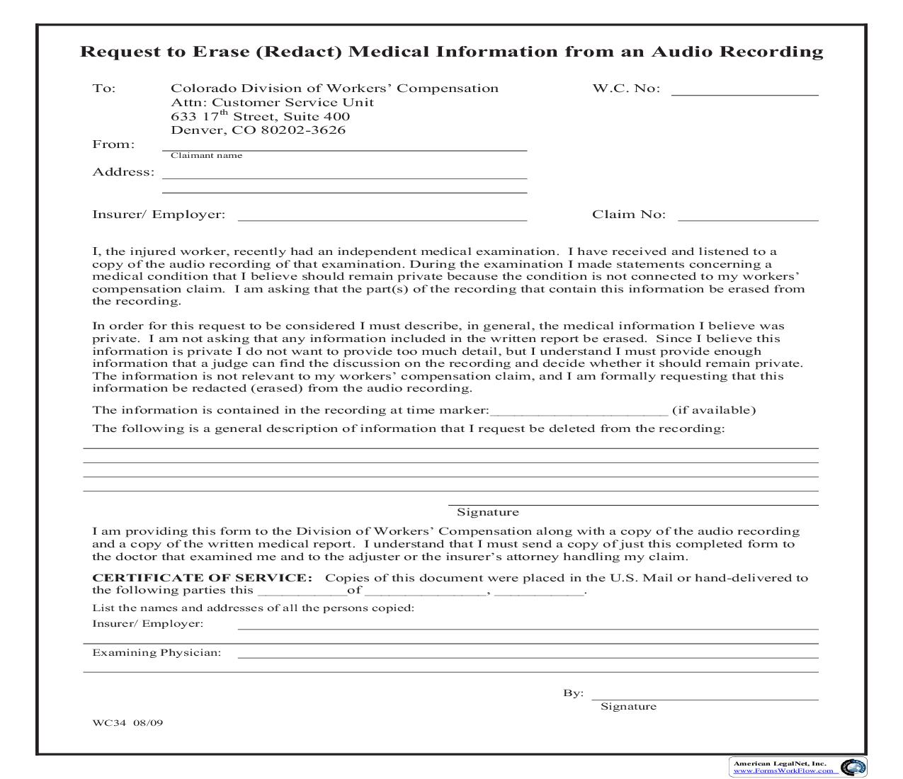 Request To Erase (Redact) Medical Information From An Audio Recording {WC34} | Pdf Fpdf Doc Docx | Colorado