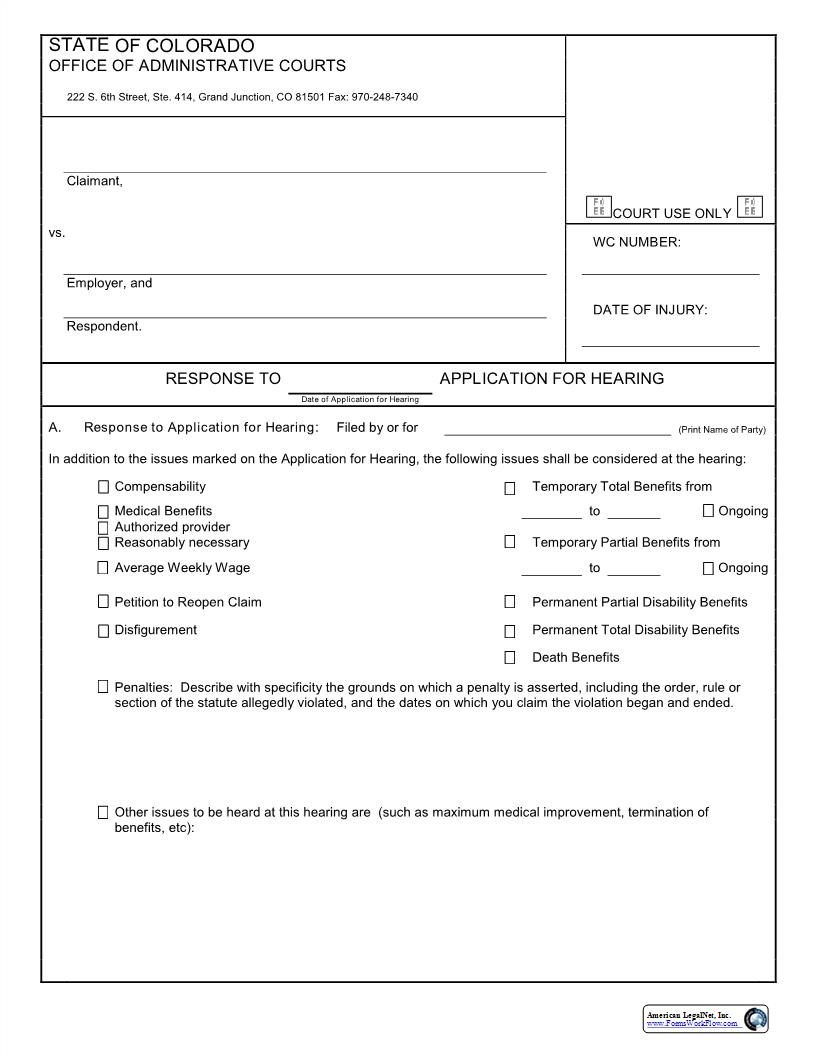 Response To Application For Hearing | Pdf Fpdf Doc Docx | Colorado