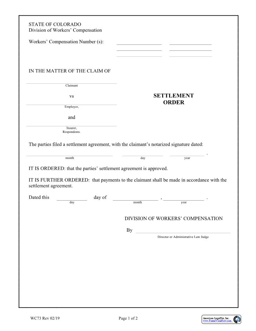Settlement Order  {WC73} | Pdf Fpdf Docx | Colorado