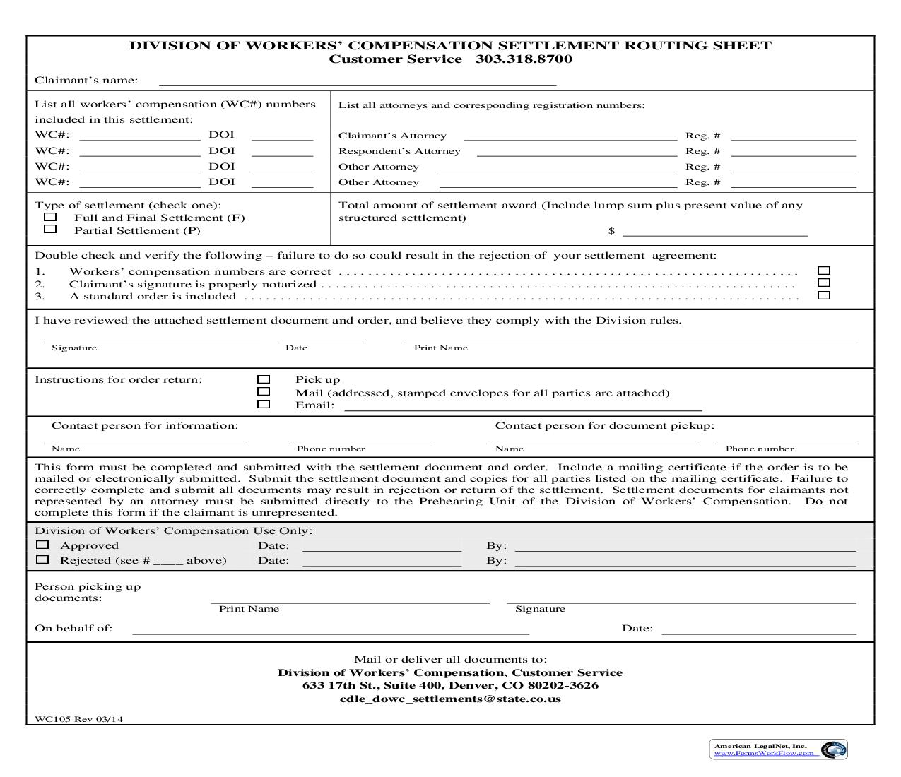 Settlement Routing Sheet {WC105} | Pdf Fpdf Doc Docx | Colorado