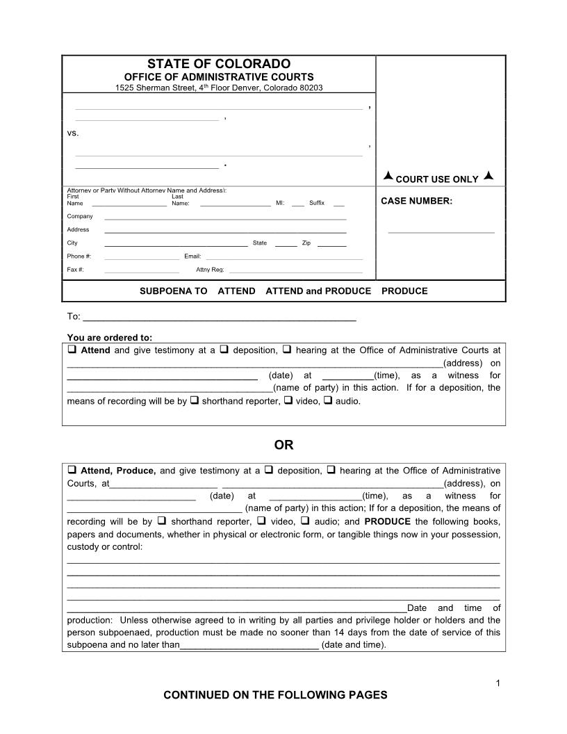 Subpoena To Appear And Or Produce | Pdf Fpdf Docx | Colorado