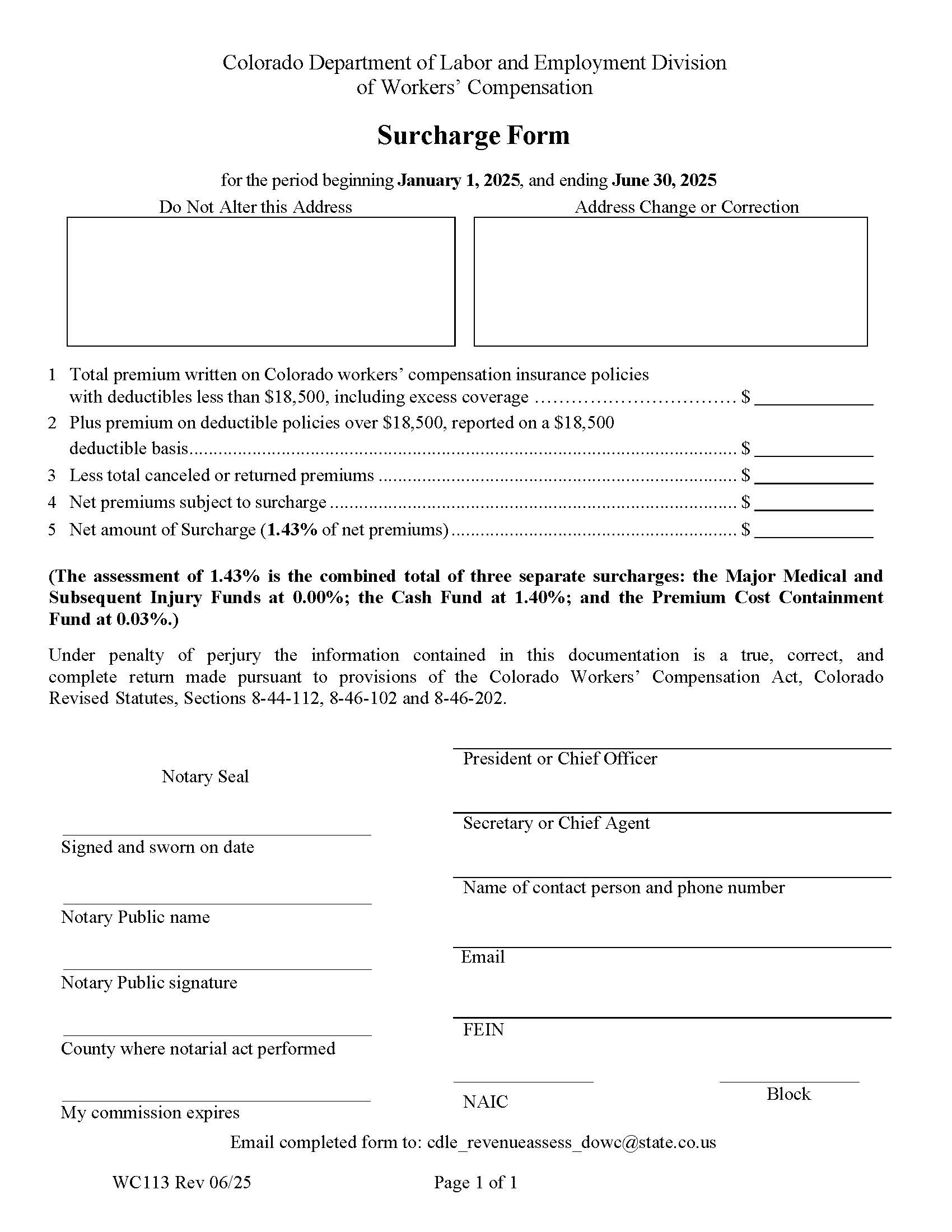 Surcharge Form {WC113} | Pdf Fpdf Docx | Colorado