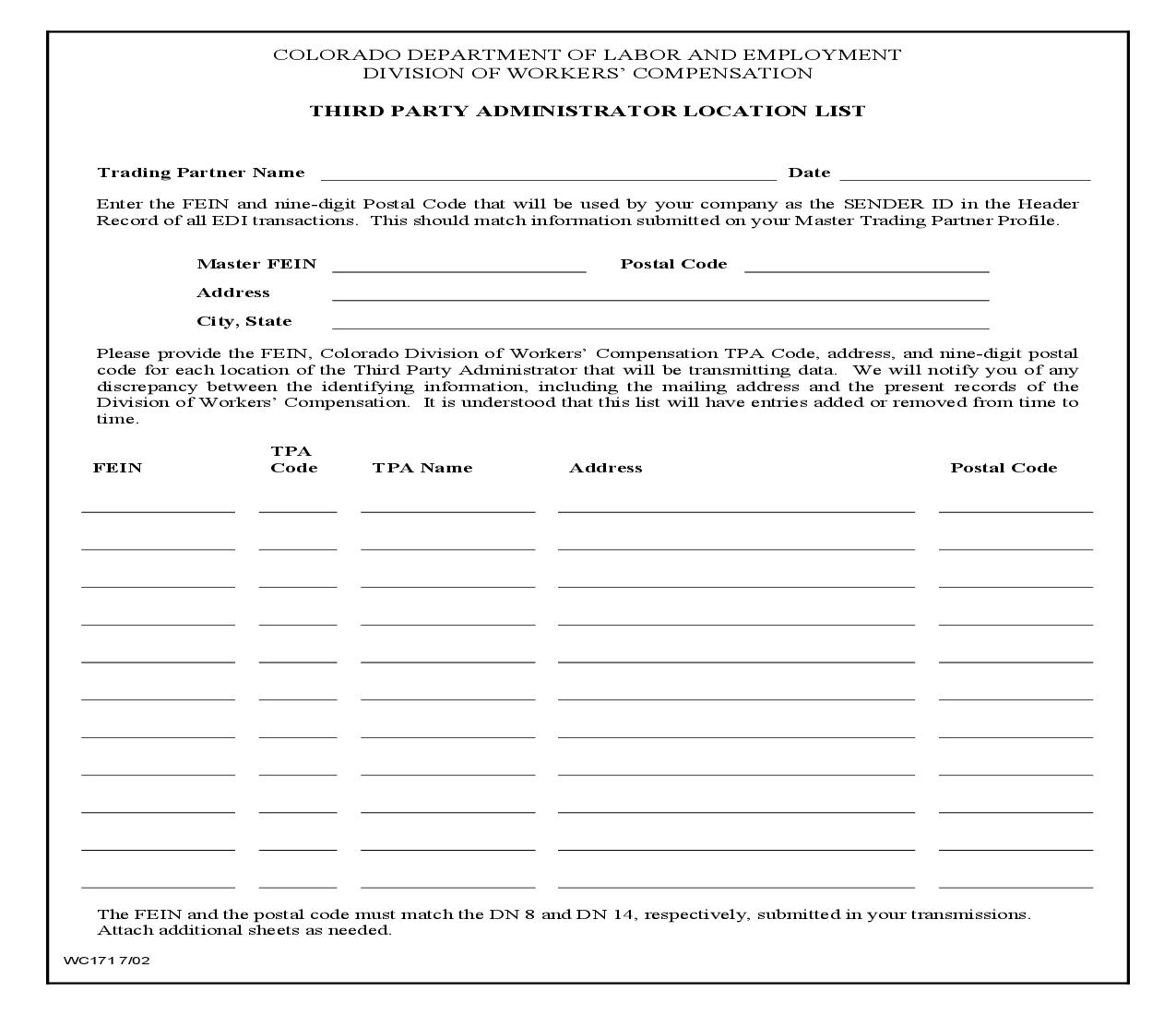 Third Party Administrator Location List {WC171} | Pdf Fpdf Doc Docx | Colorado