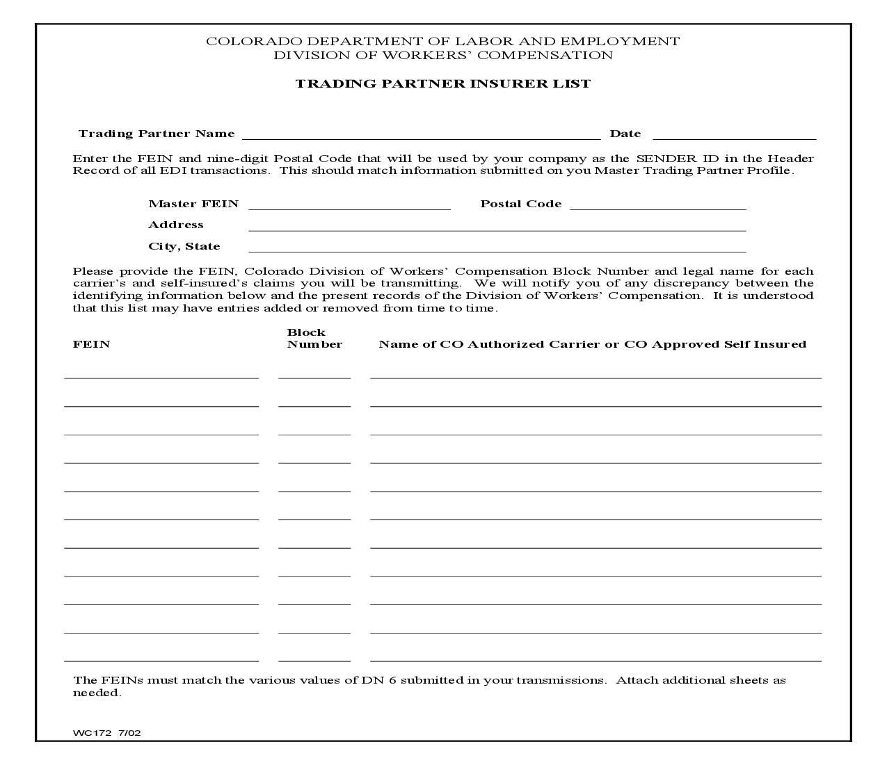 Trading Partner Insurer List {WC172} | Pdf Fpdf Doc Docx | Colorado
