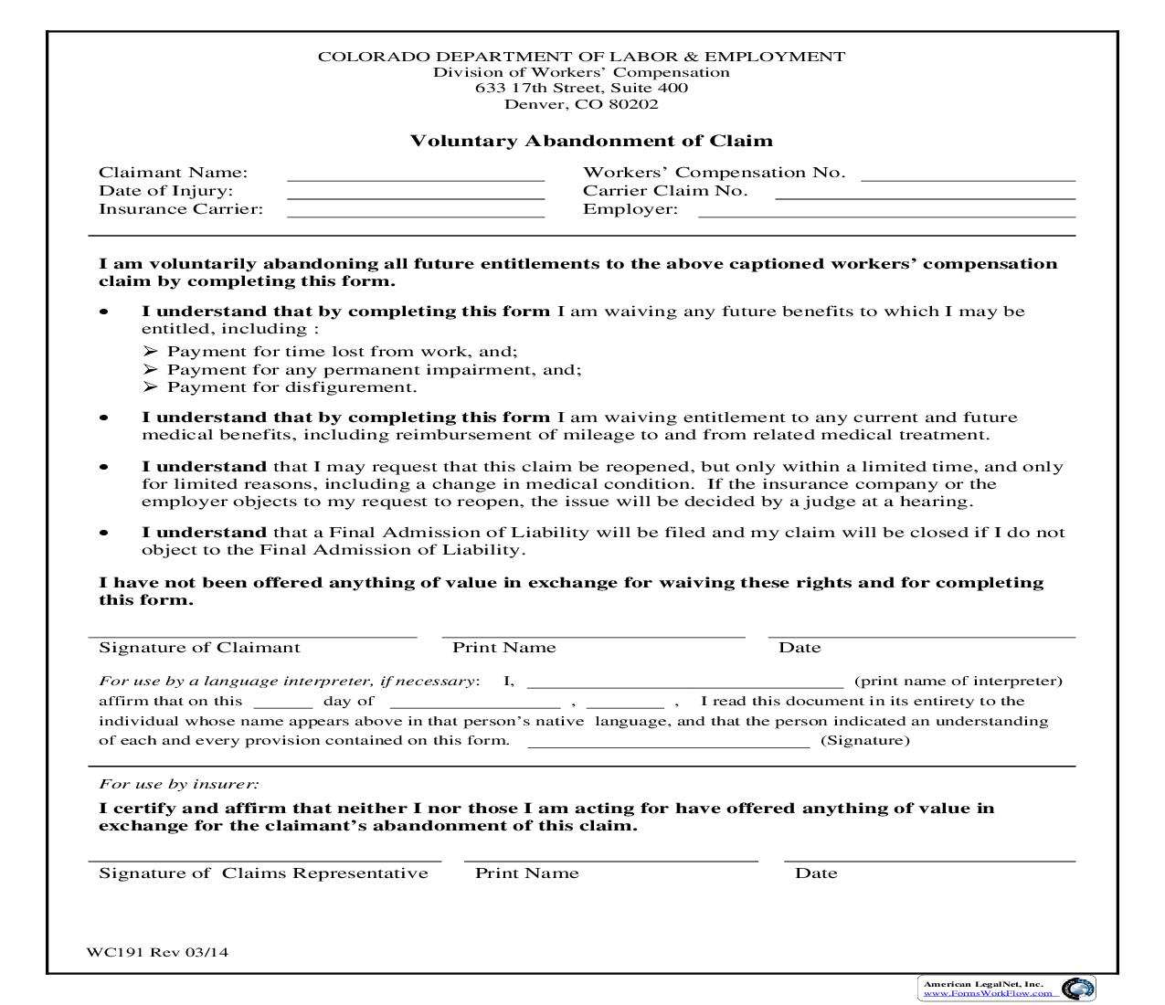 Voluntary Abandonment Of Claim {WC191} | Pdf Fpdf Doc Docx | Colorado