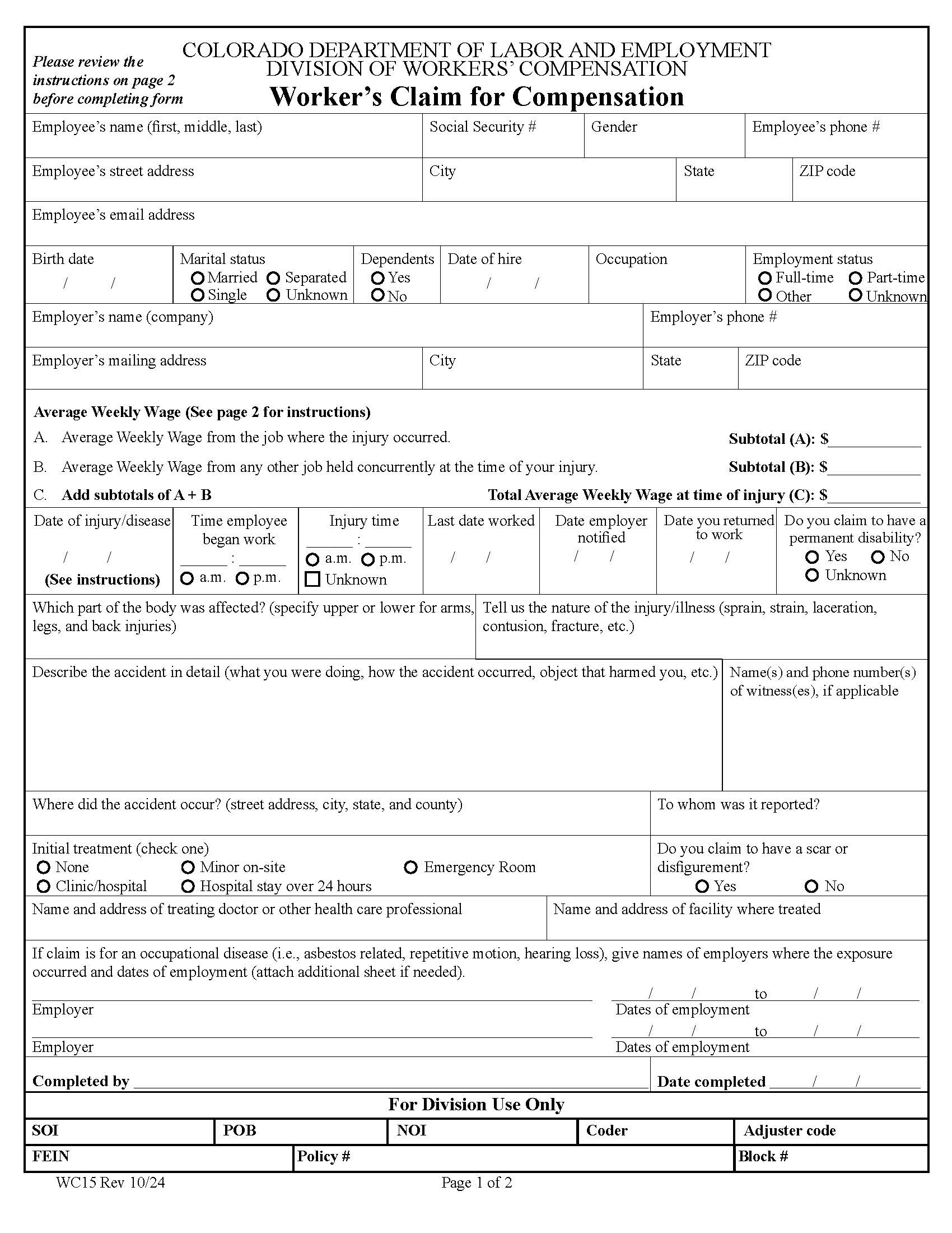 Workers Claim For Compensation {WC15} | Pdf Fpdf Doc Docx | Colorado