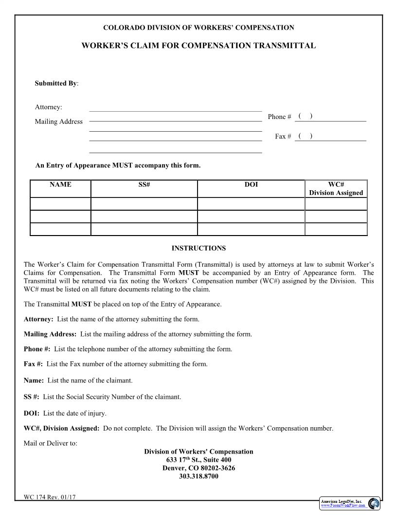 Workers Claim For Compensation Transmittal {WC174} | Pdf Fpdf Doc Docx | Colorado
