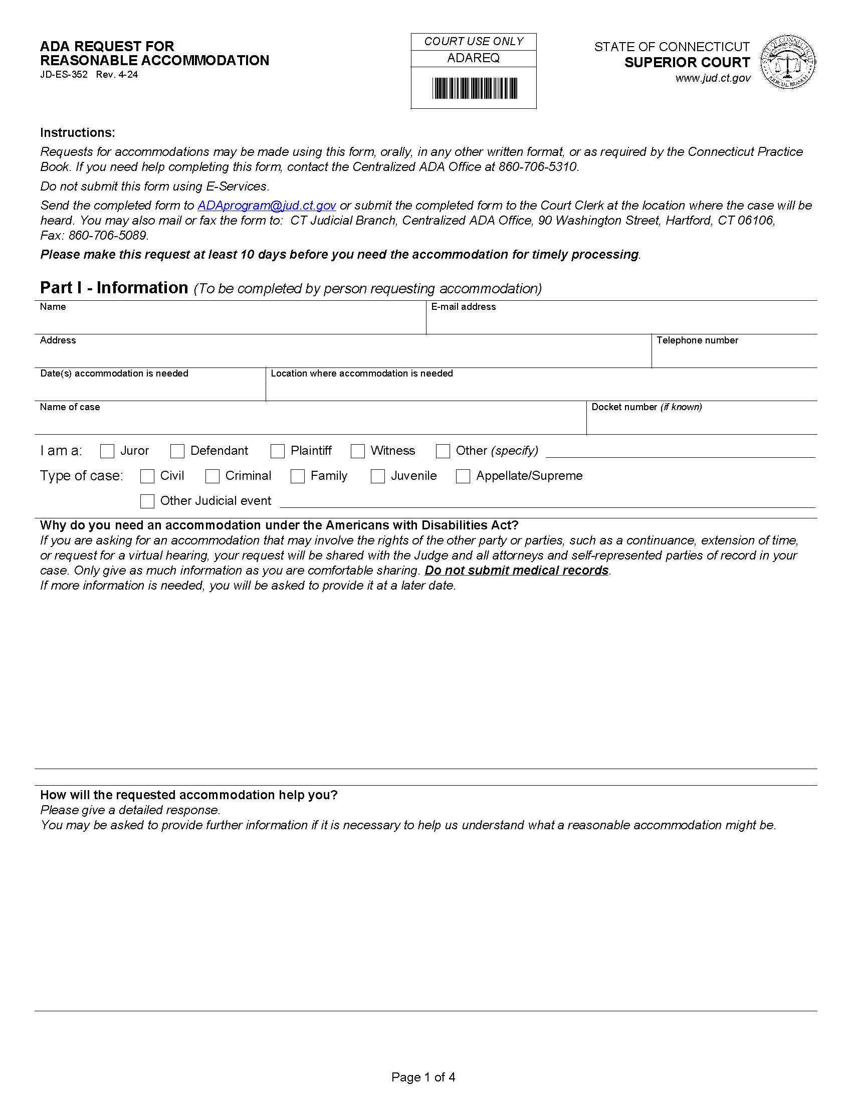 ADA Request For Reasonable Accommodation {JD-ES-352} | Pdf Fpdf Docx | Connecticut