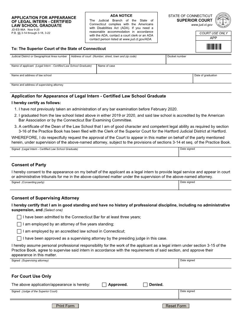 Application For Appearance Of Legal Intern Law School Graduate {JD-ES-96A} | Pdf Fpdf Docx | Connecticut