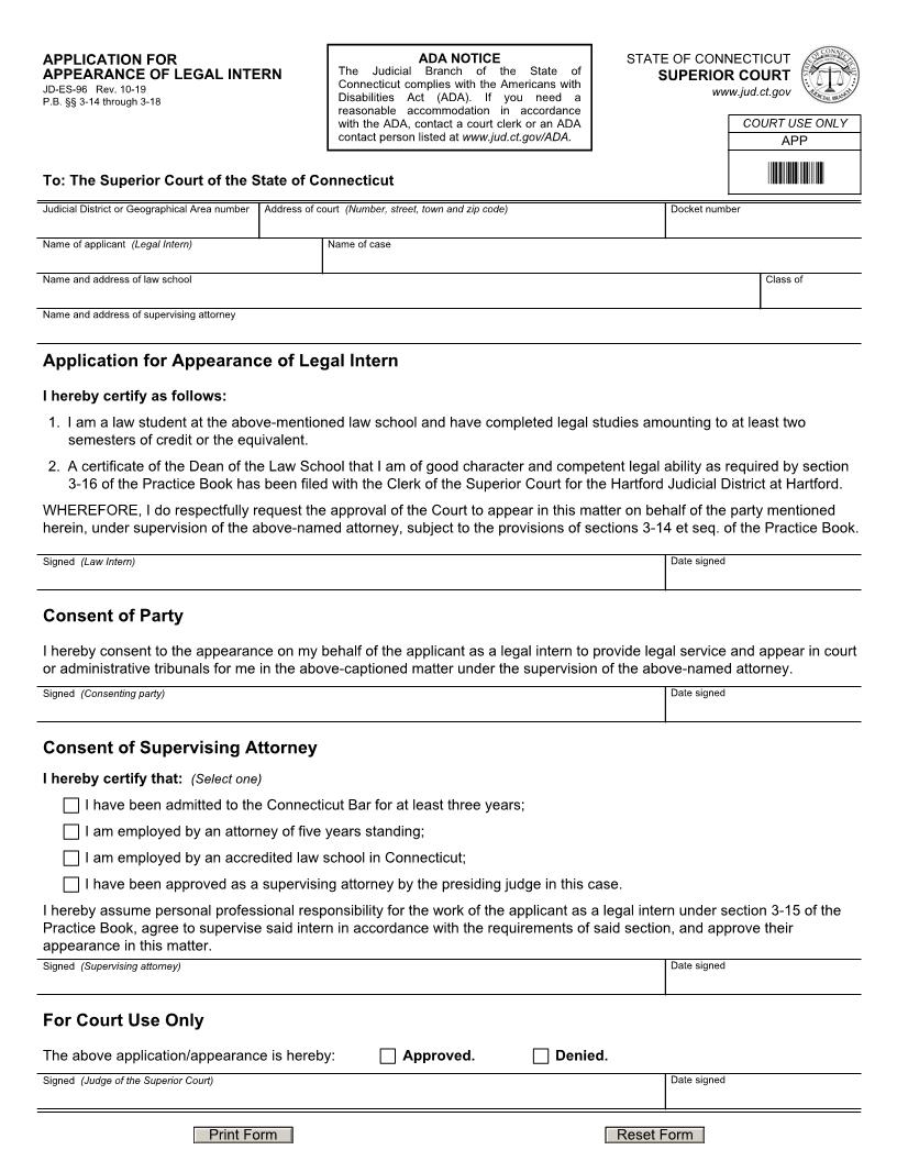 Application For Appearance Of legal Intern {JD-ES-96} | Pdf Fpdf Docx | Connecticut