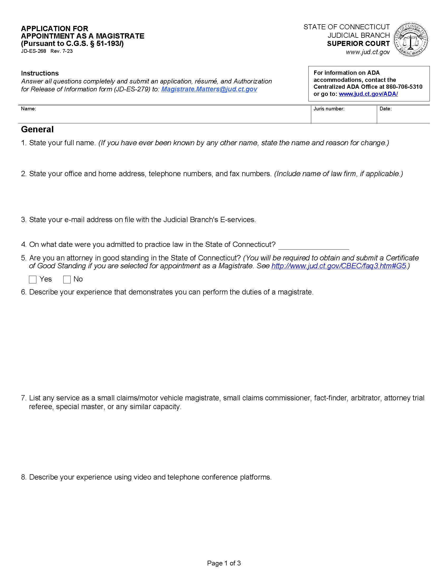 Application For Appointment As A Magistrate (Pursuant To CGS 51-193l) {JD-ES-268} | Pdf Fpdf Docx | Connecticut