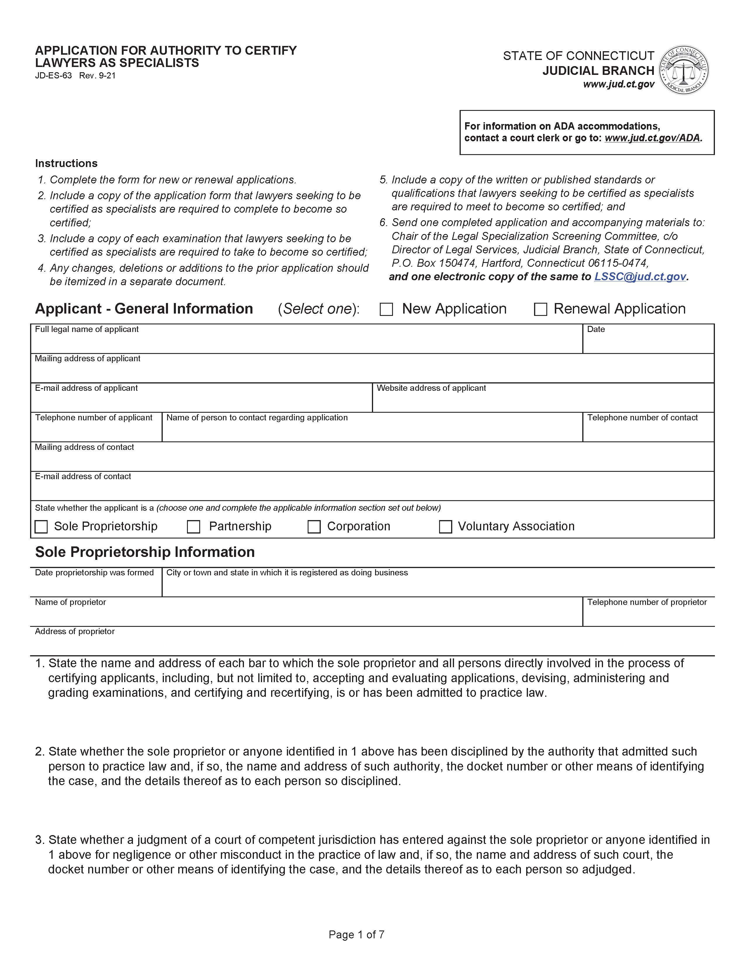 Application For Authority To Certify Lawyers As Specialists {JD-ES-63} | Pdf Fpdf Docx | Connecticut