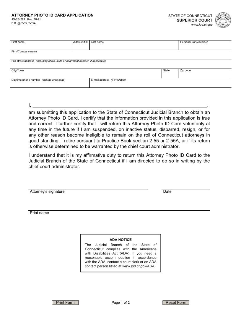 Attorney Photo Id Card Application {JD-ES-229} | Pdf Fpdf Doc Docx | Connecticut