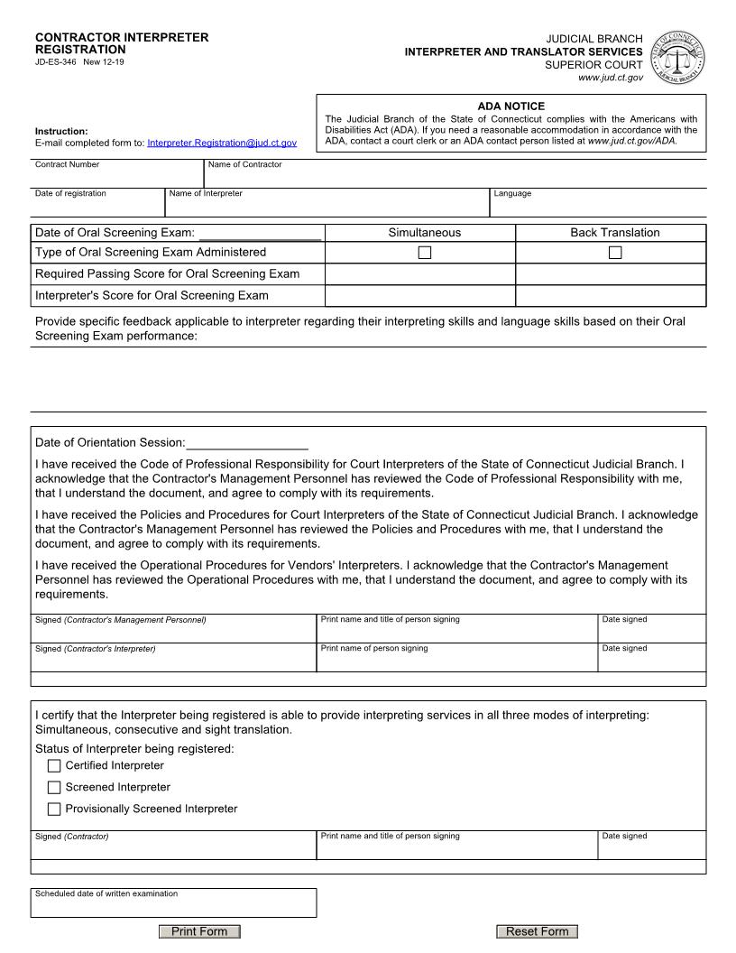 Contractor Interpreter Registration {JD-ES-346} | Pdf Fpdf Docx | Connecticut