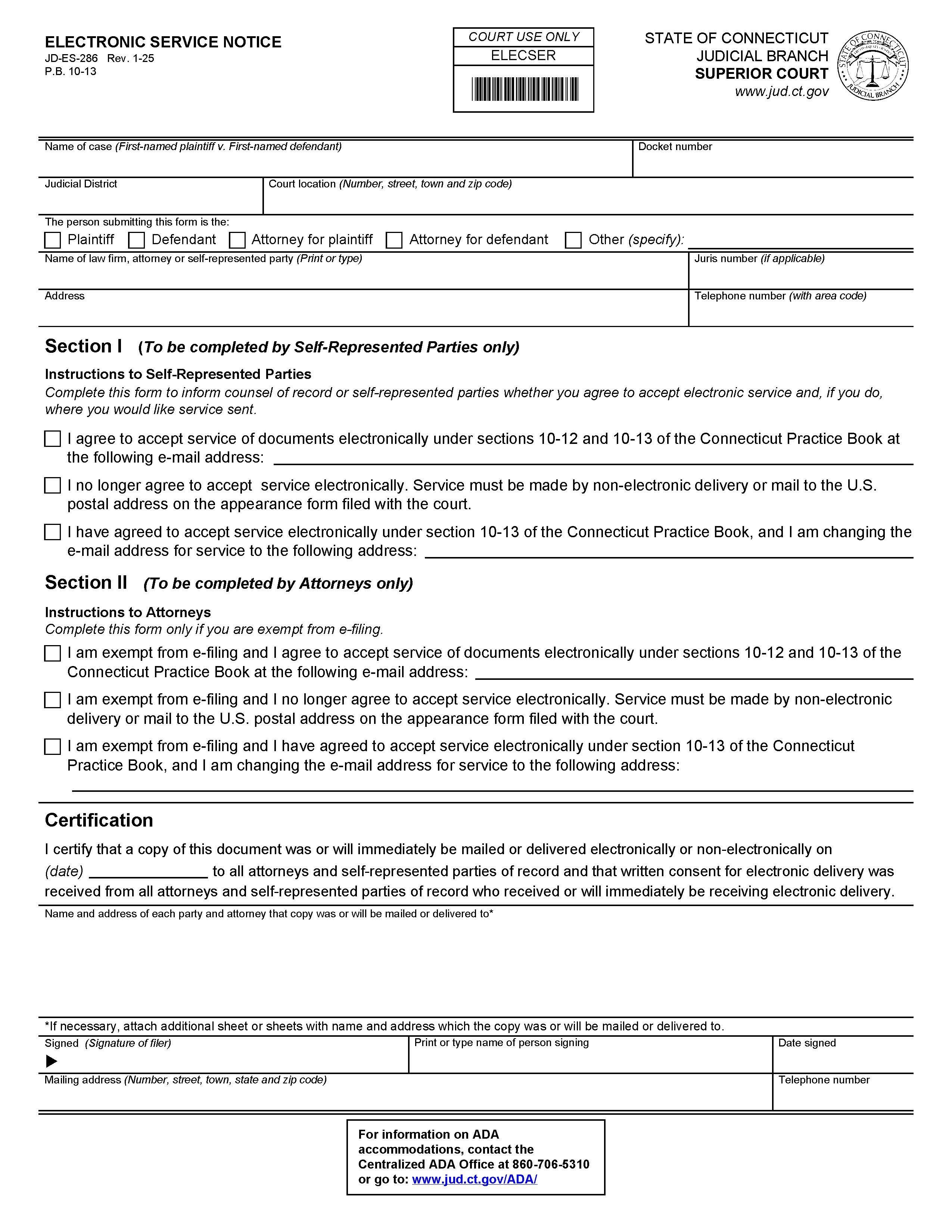 Electronic Service Notice {JD-ES-286} | Pdf Fpdf Doc Docx | Connecticut