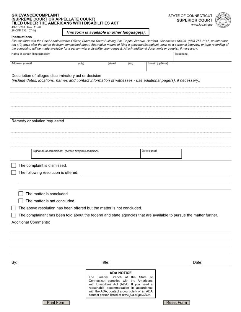 Grievance Complaint (Supreme Court Or Appellate Court) Filed Under The Americans With Disabilities Act {JD-ES-280} | Pdf Fpdf Doc Docx | Connecticut