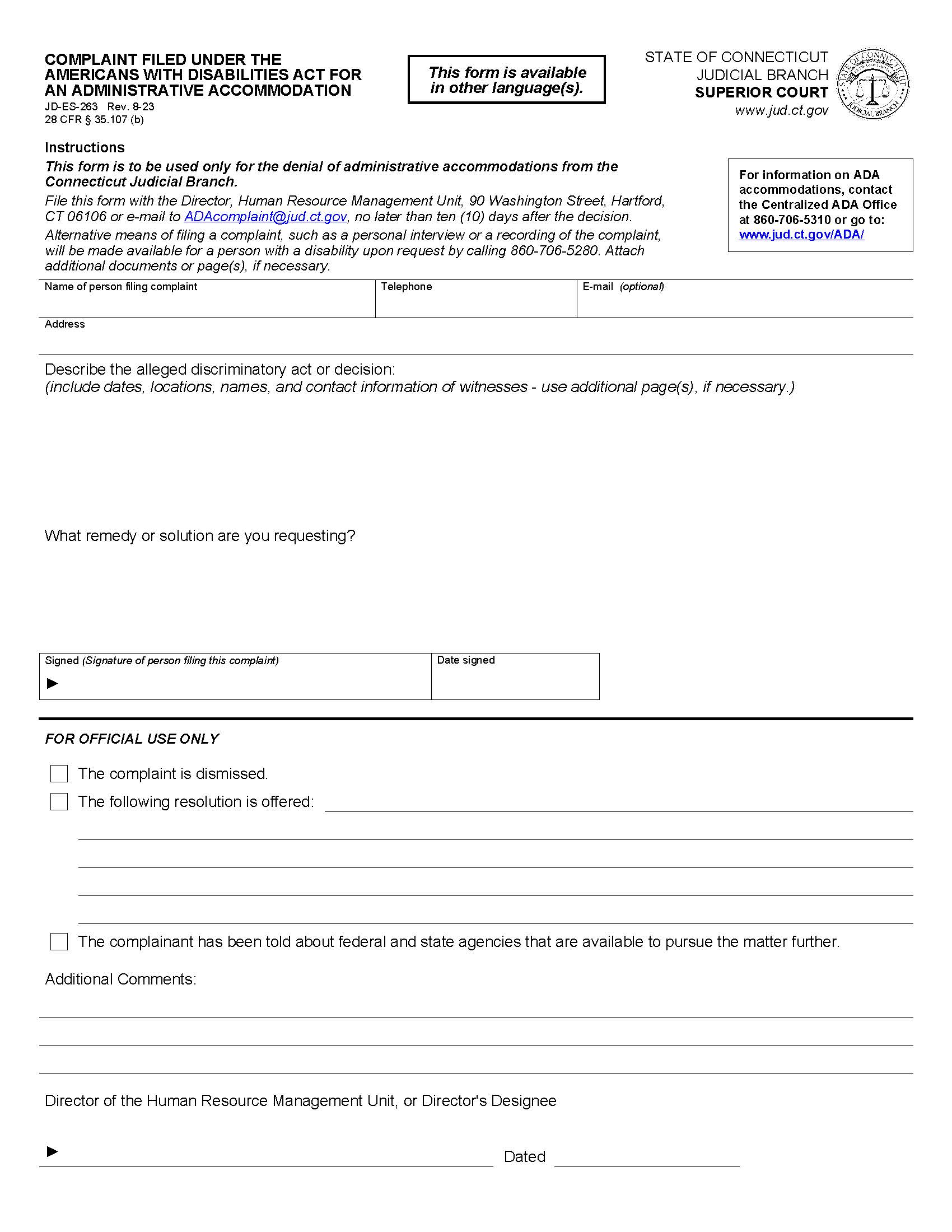 Grievance Complaint Filed Under The Americans With Disabilites Act {JD-ES-263} | Pdf Fpdf Doc Docx | Connecticut