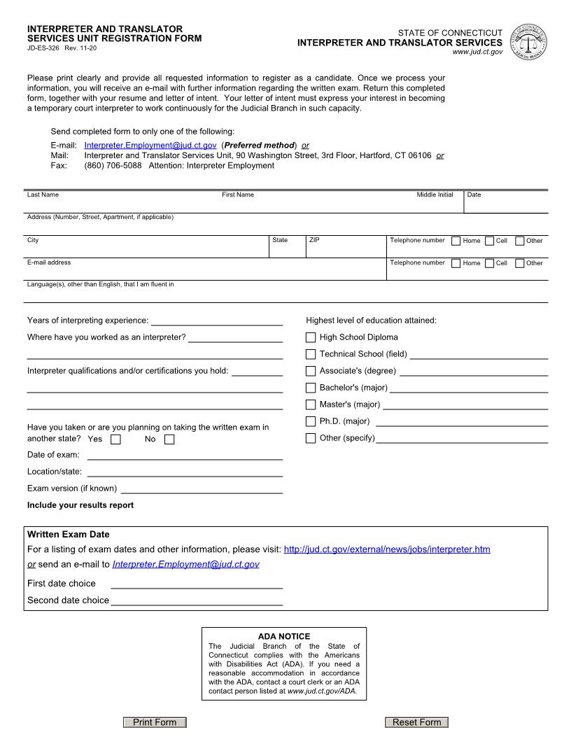 Interpreter And Translator Services Unit Registration Form {JD-ES-326} | Pdf Fpdf Doc Docx | Connecticut