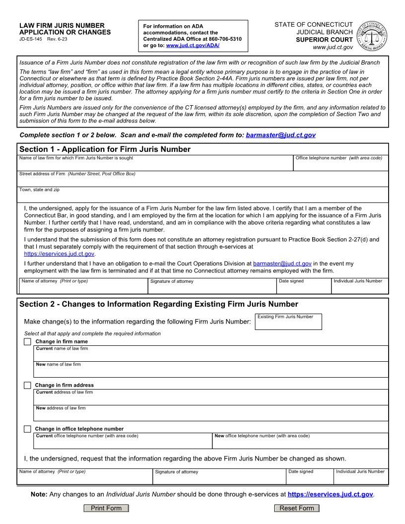 Law Firm Juris Number Application Or Changes {JD-ES-145} | Pdf Fpdf Doc Docx | Connecticut