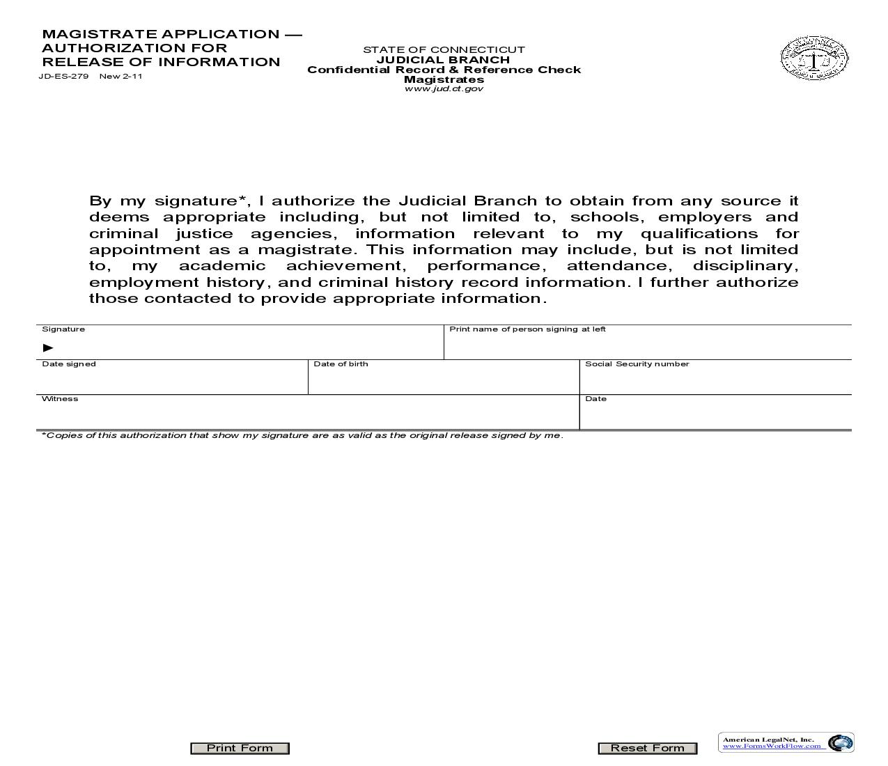 Magistrate Application Authorization For Release Of Information {JD-ES-279} | Pdf Fpdf Doc Docx | Connecticut