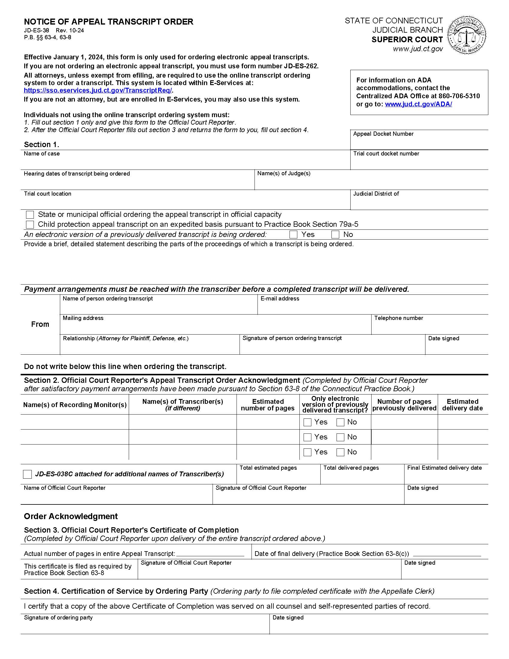 Notice Of Appeal Transcript Order {JD-ES-38} | Pdf Fpdf Docx | Connecticut