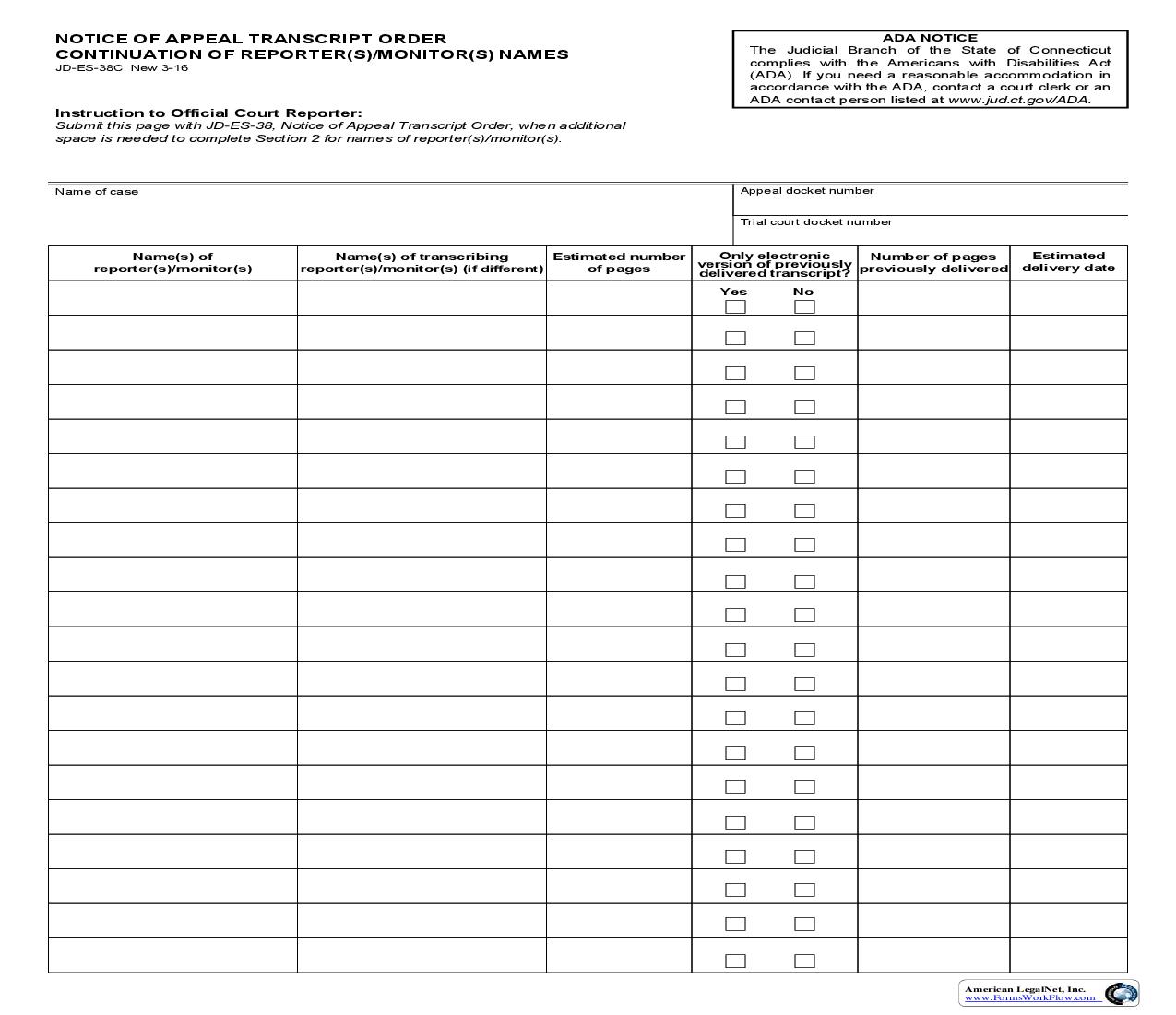 Notice Of Appeal Transcript Order Continuation Of Reporter Monitor Names {JD-ES-38C} | Pdf Fpdf Doc Docx | Connecticut