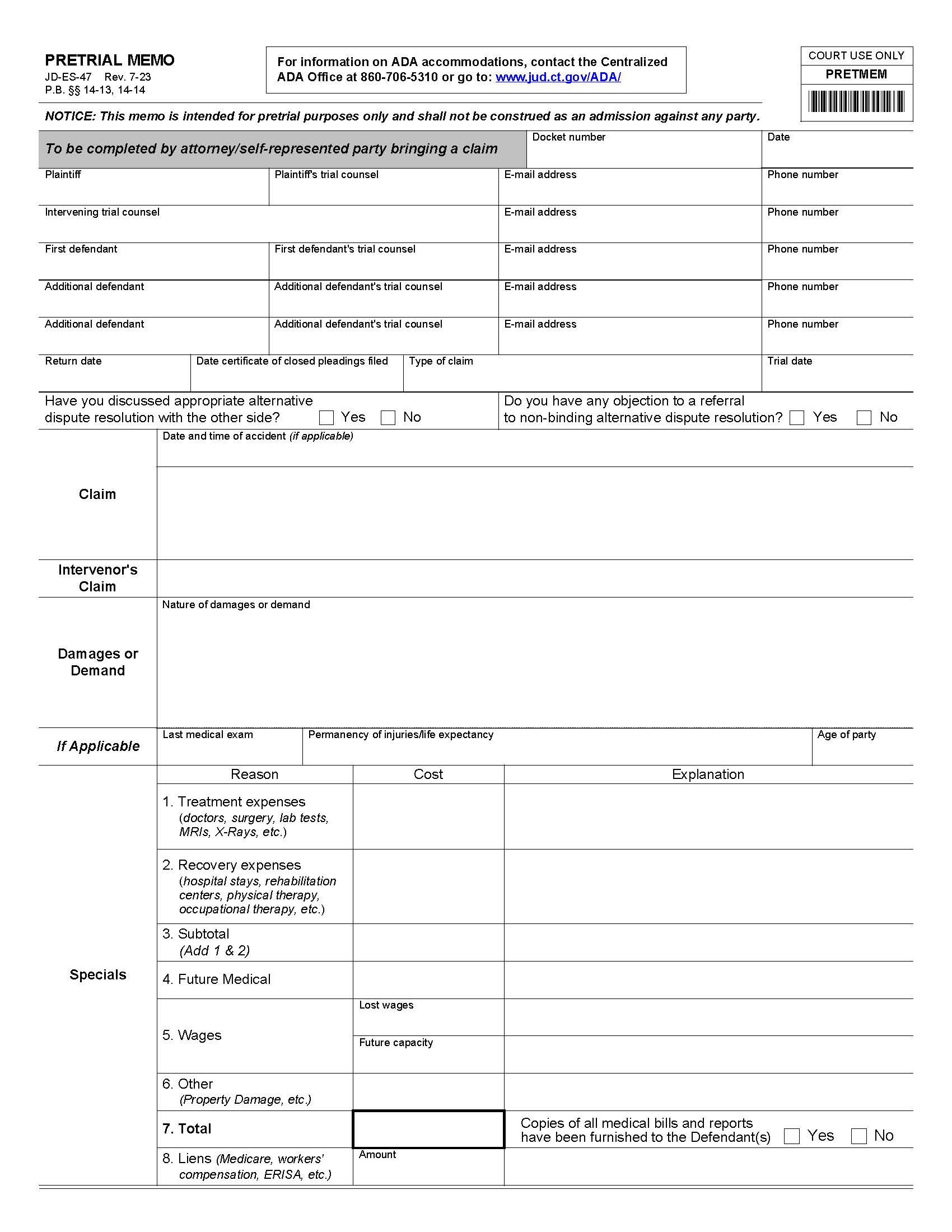 Pretrial Memo {JD-ES-47} | Pdf Fpdf Doc Docx | Connecticut