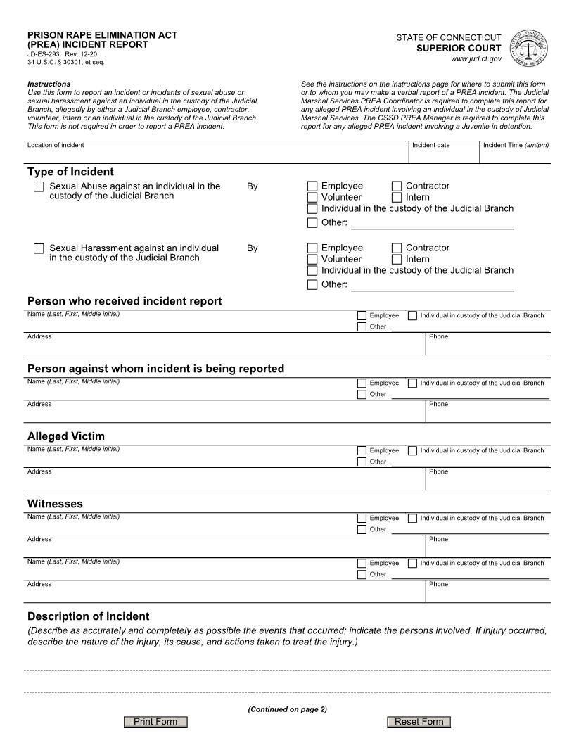 Prison Rape Elimination Act (PREA) Incident Report {JD-ES-293} | Pdf Fpdf Docx | Connecticut