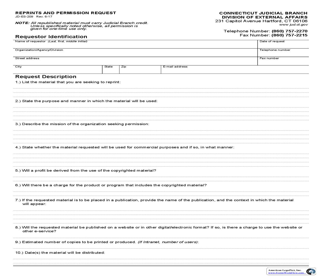 Reprints And Permission Request {JD-ES-209} | Pdf Fpdf Doc Docx | Connecticut