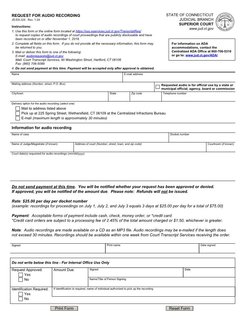 Request For Audio Recording {JD-ES-325} | Pdf Fpdf Docx | Connecticut