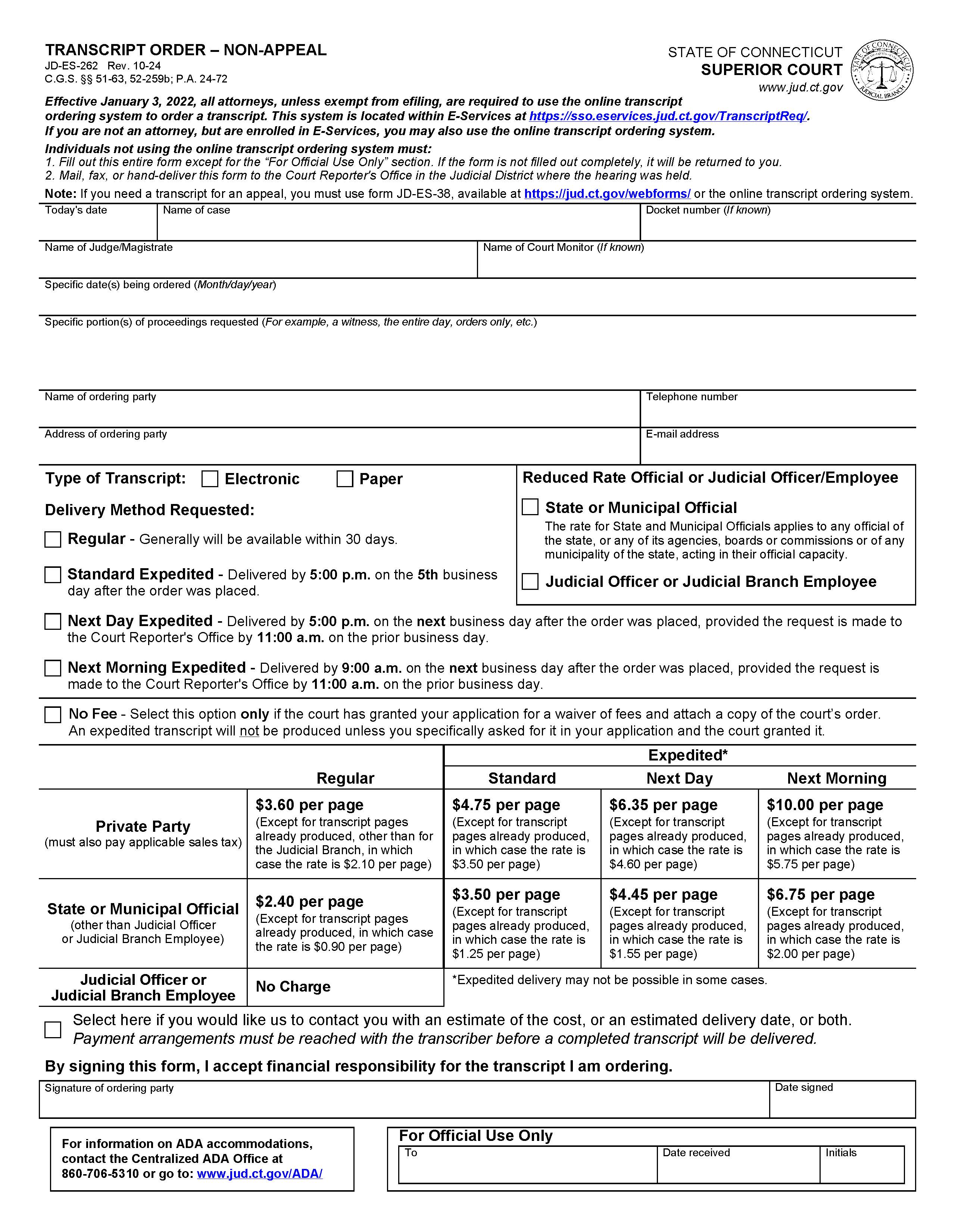 Transcript Order Non Appeal {JD-ES-262} | Pdf Fpdf Docx | Connecticut